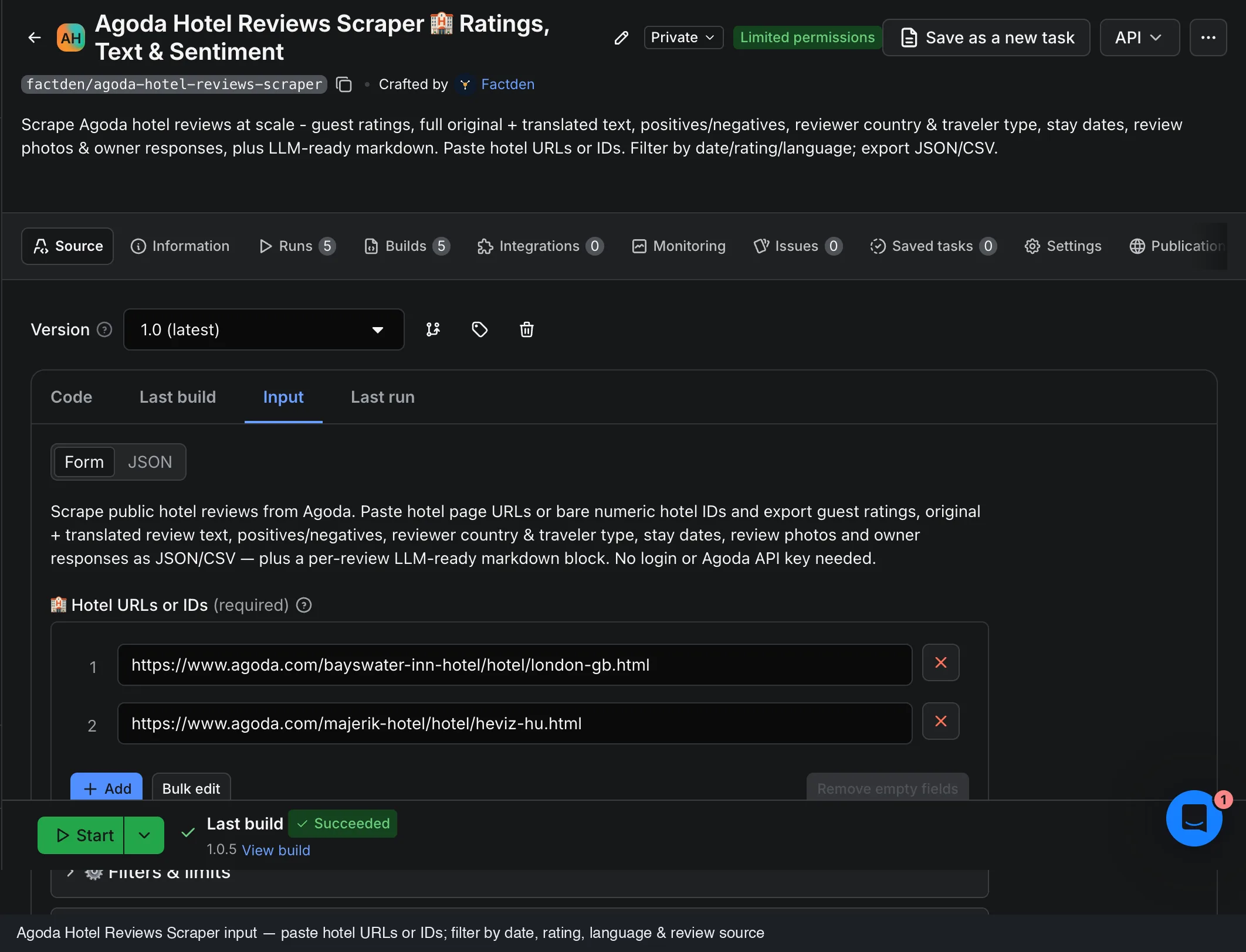 Agoda Reviews Scraper input form: a hotel URL and a bare numeric hotel ID, with filters for max reviews per hotel, date and rating range, sort order, review languages, and a Review sources selector listing Agoda, Booking.com and Priceline