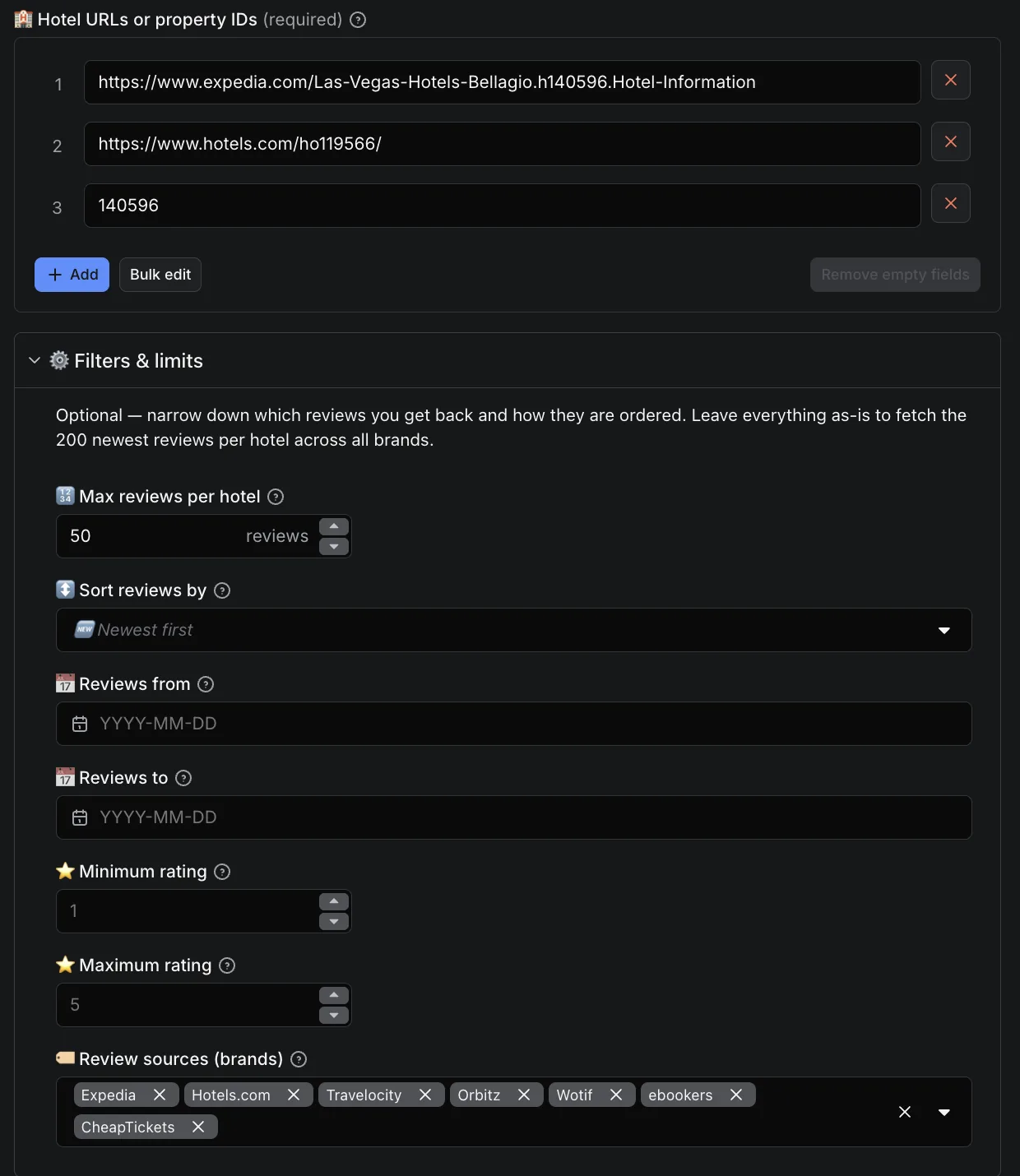 Expedia Reviews Scraper input form: hotel URLs from Expedia and Hotels.com plus a bare property ID, with filters for max reviews, date and rating range, and a Review sources selector listing Expedia, Hotels.com, Travelocity, Orbitz, Wotif, ebookers and CheapTickets