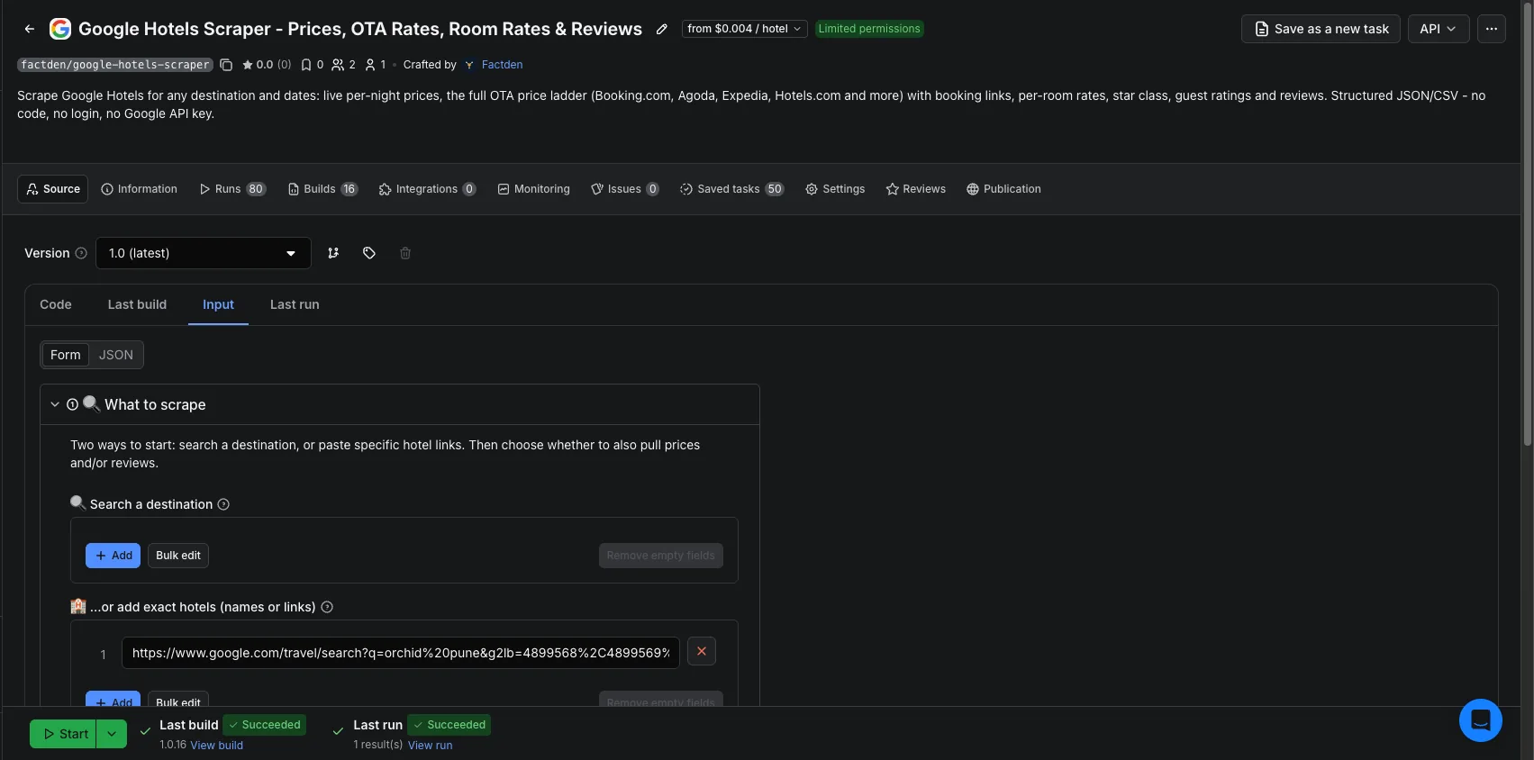 Google Hotels Scraper input form on Apify: search a destination or add exact hotels by name or link, dates, guests, and Include prices / Include reviews toggles