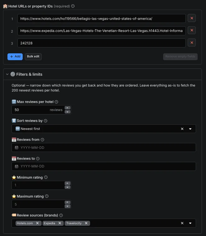 Hotels.com Reviews Scraper input form: a Hotels.com hotel URL, an Expedia URL and a bare property ID, with filters for max reviews, date and rating range, and a Review sources selector listing Hotels.com, Expedia, Travelocity, Orbitz, Wotif, ebookers and CheapTickets