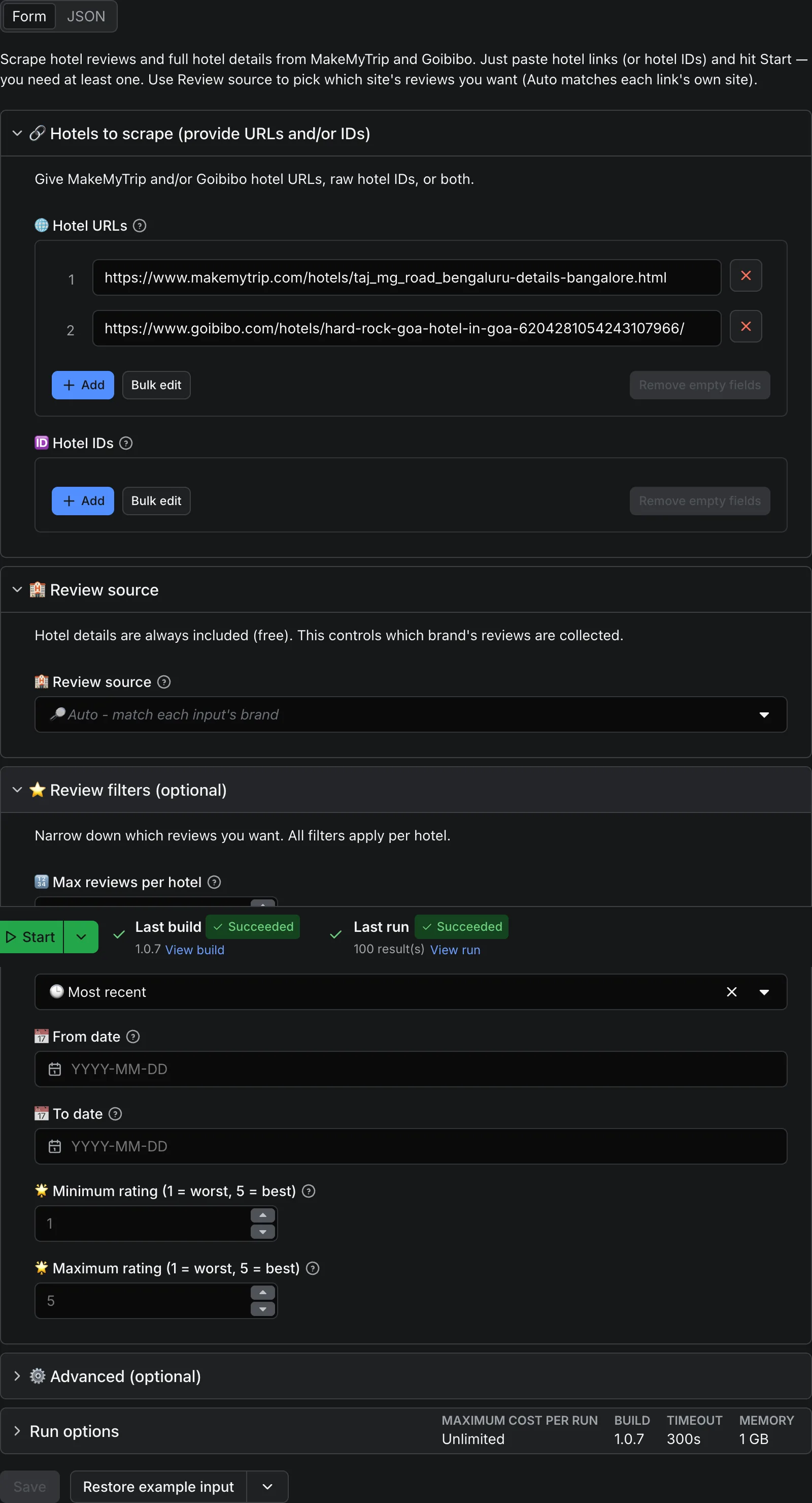 MakeMyTrip and Goibibo Scraper input form on Apify: MakeMyTrip and Goibibo hotel URLs, a review-source selector for Auto, MakeMyTrip, Goibibo or Both, and filters for max reviews, date range, rating and sort order